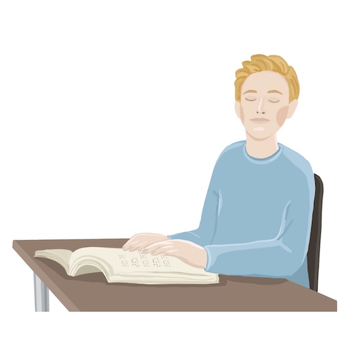 Rysunek chłopiec z zamkniętymi oczami czyta książkę w alfabecie Braille'a